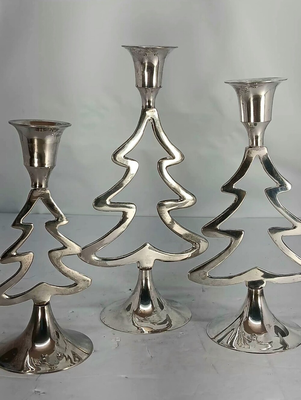 Silver Plated Christmas Tree Candle Holders - Set of 3